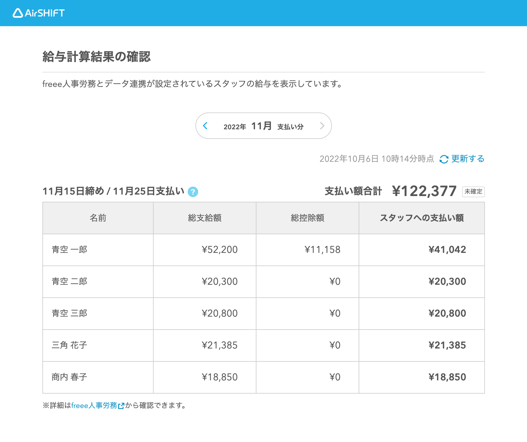 Airシフト 給与計算結果の確認画面