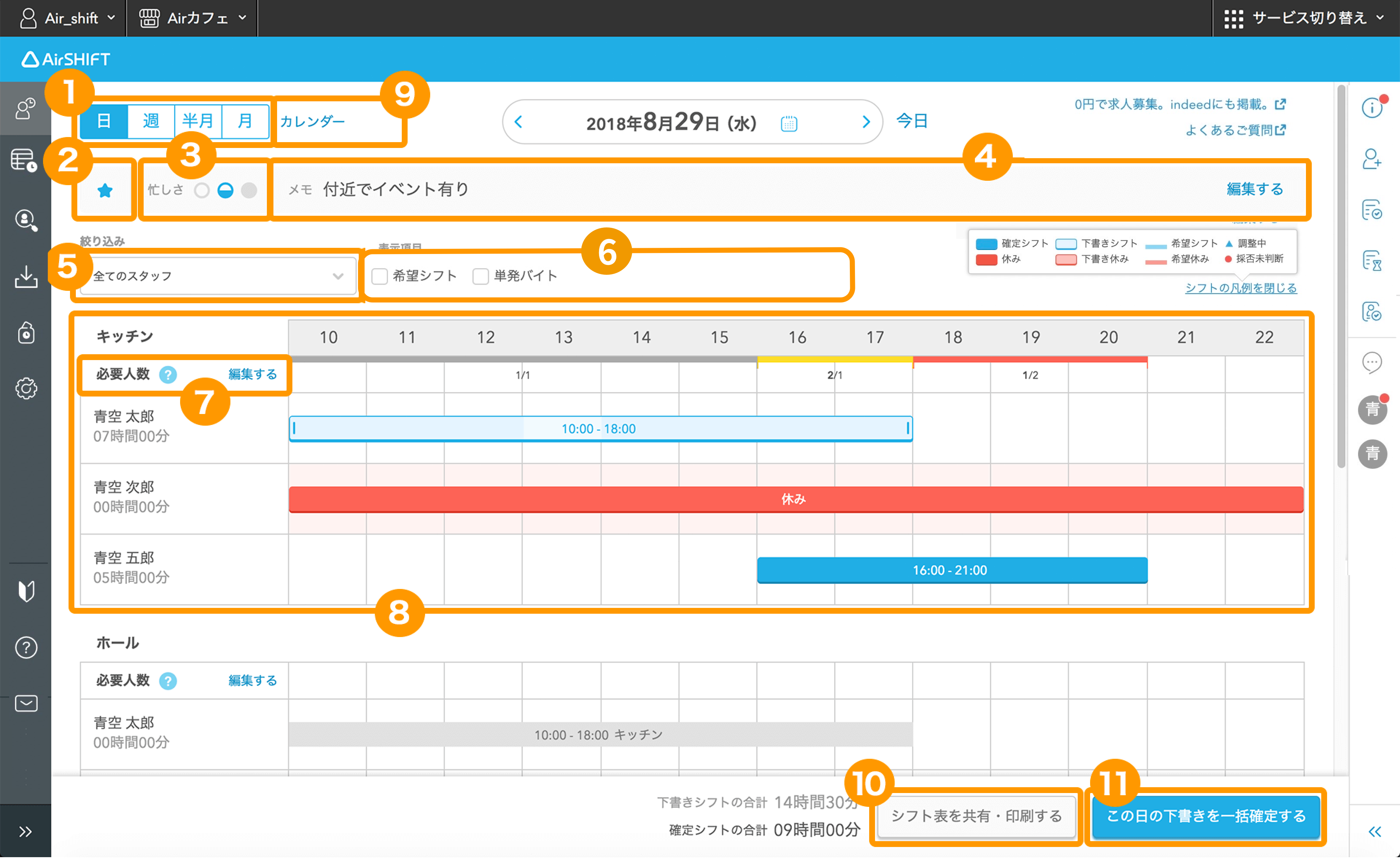 日別シフト表画面